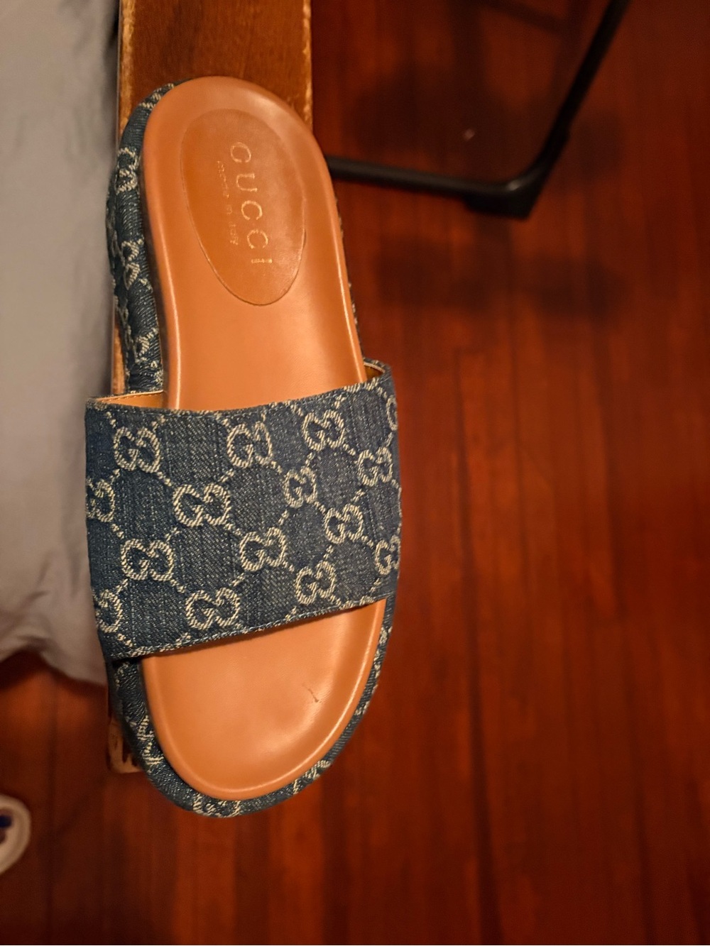 Gucci Denim GG Jacquard Slide Sandals in Blue and Tan